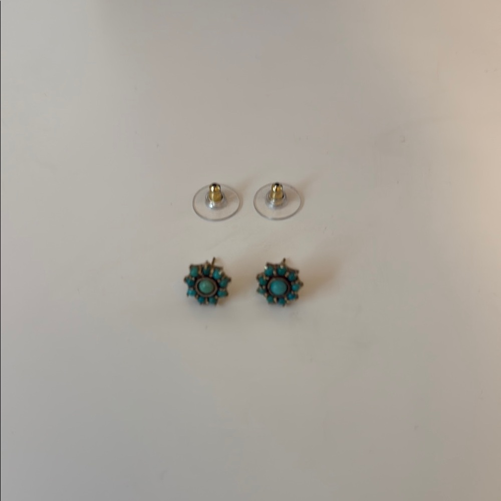 Vintage Birks Solid Gold 14k Genuine Turquoise Flower Stud Earrings